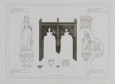 216424 Afbeeldingen van onderdelen van het interieur van de Domkerk te Utrecht: de bekleding van de westelijke wand en ...